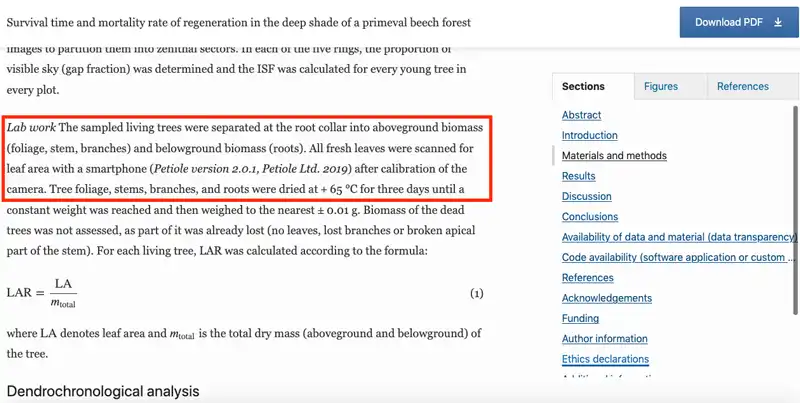 Petiole App helped with assessment of leaf area for further leaf area ratio estimation
